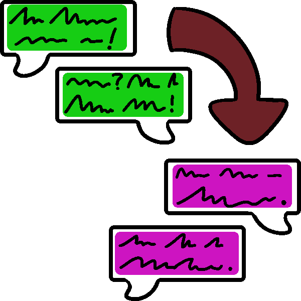  Two sets of speech bubbles in conversation, with a red arrow pointing from a green set to a pink set.
